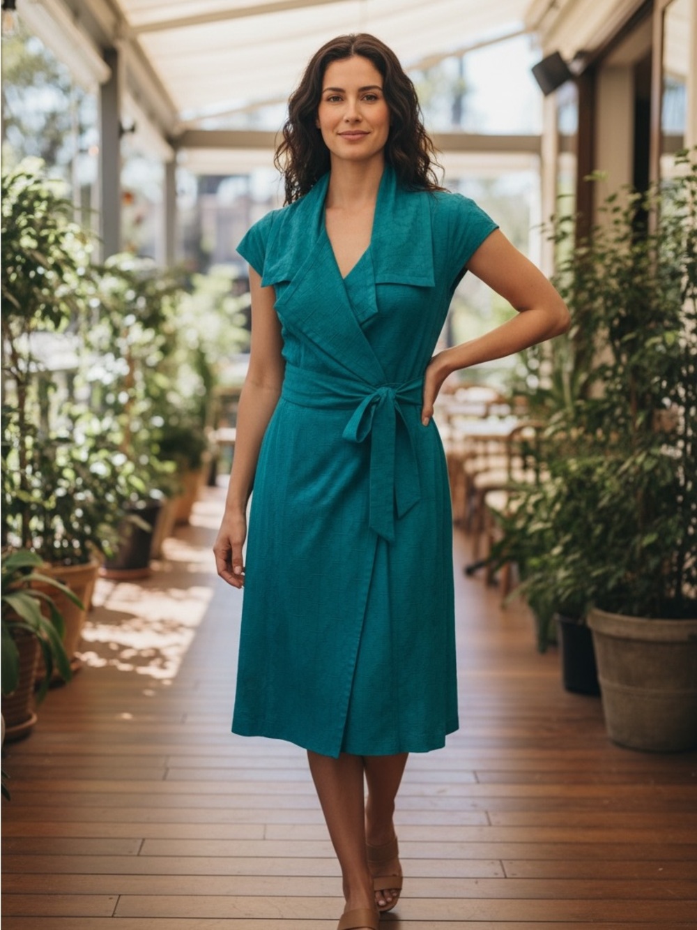 Etcetera Brand Blue Textured Faux Wrap Silk Midi Dress - Size 6 NWT